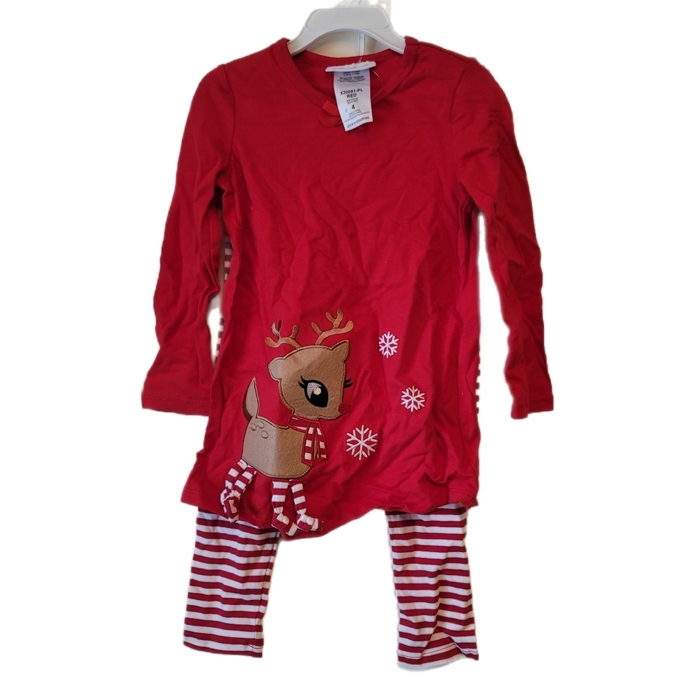 Bonnie Jean 2 Piece Set Girls Size 4 Red Christmas Tops Pants Reindeer Stripe